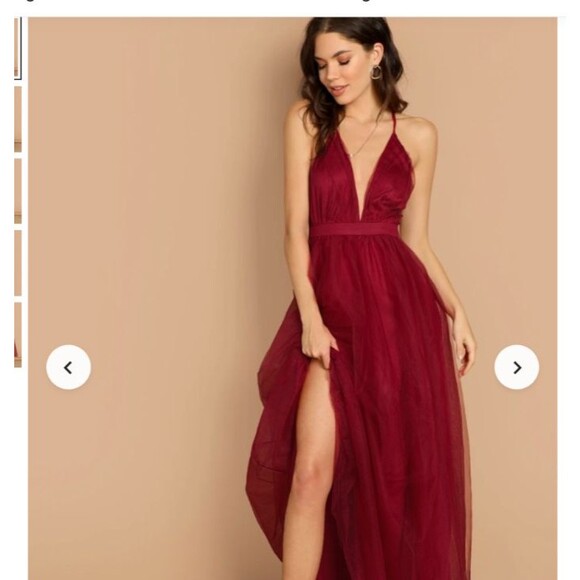 SHEIN Belle Plunging Neck Mesh-Overlay Dress Maroon S Fairy Grunge Boho Chic - Picture 1 of 10
